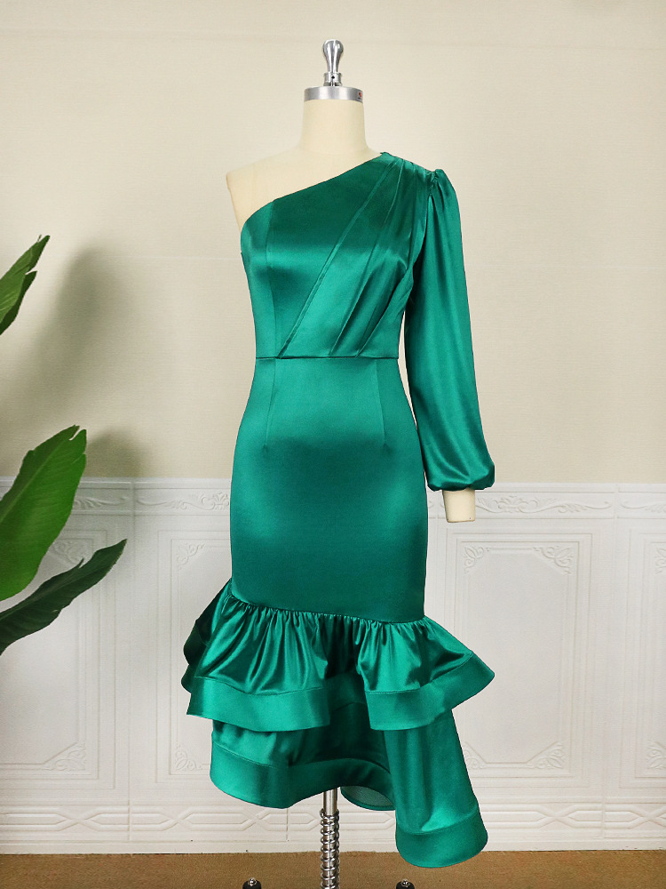 Sexy Green Asymmetrical Formal Prom Dress Tea Length One Shoulder Long Sleeves Women Evening Party Gown Robes De Soiree 2023