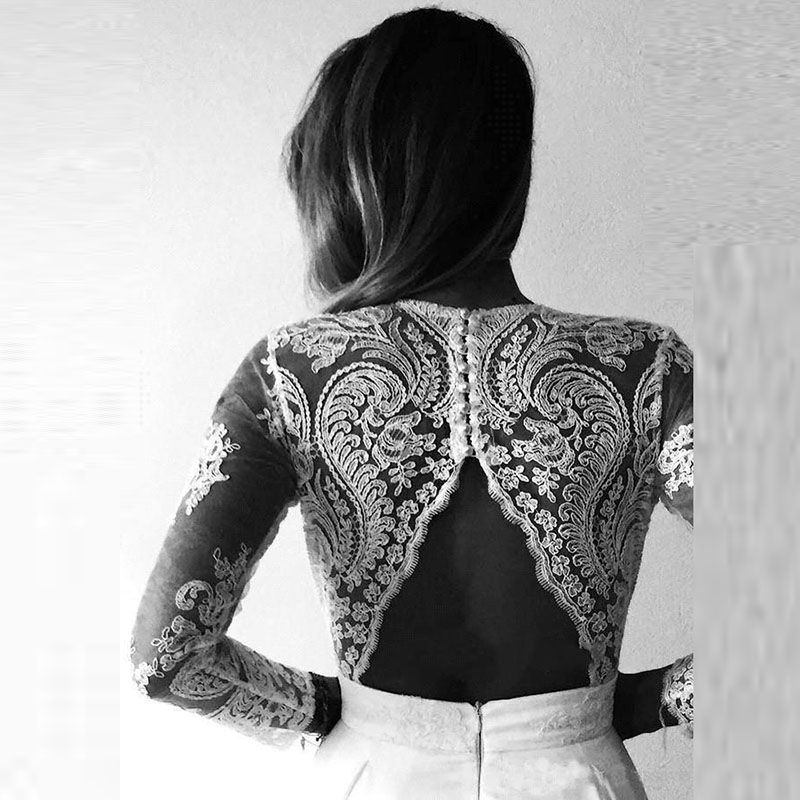 Wholesale Charming White Long Sleeve Bridal Wedding Gowns Lace Deep V Neckline Wedding Dress for Bride Cut Out Back A Line