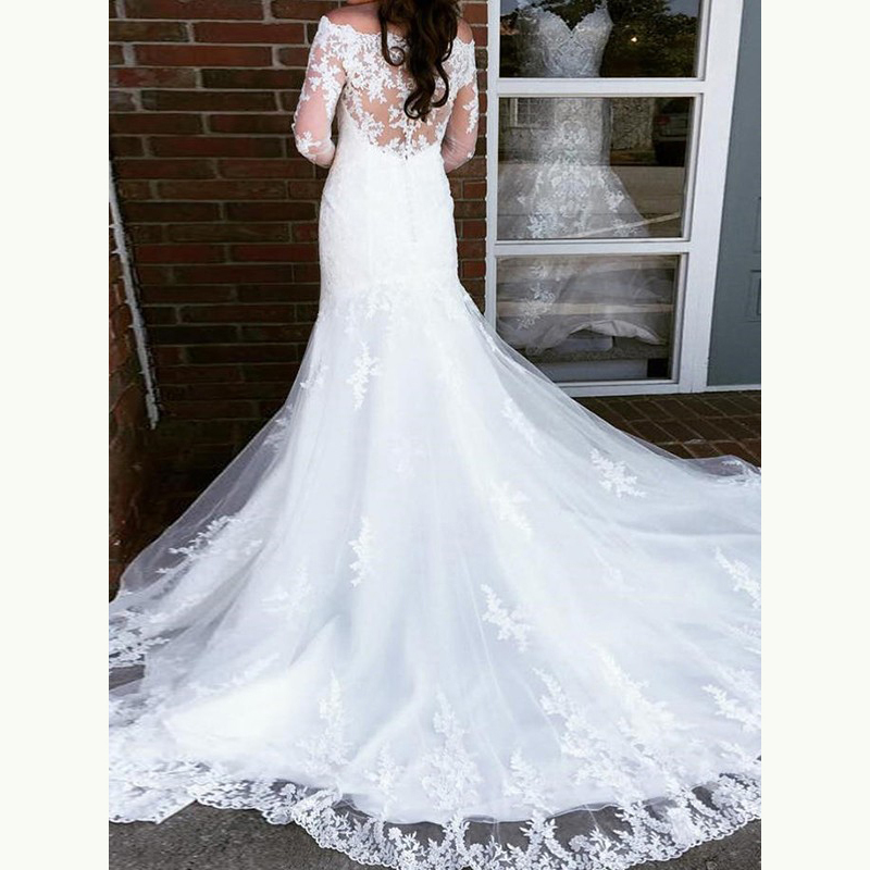 Charming Hot White Lace Long Sleeve Bridal Dresses Off Shoulder Bateau Neck Wedding Gowns for Bride Illusion Back