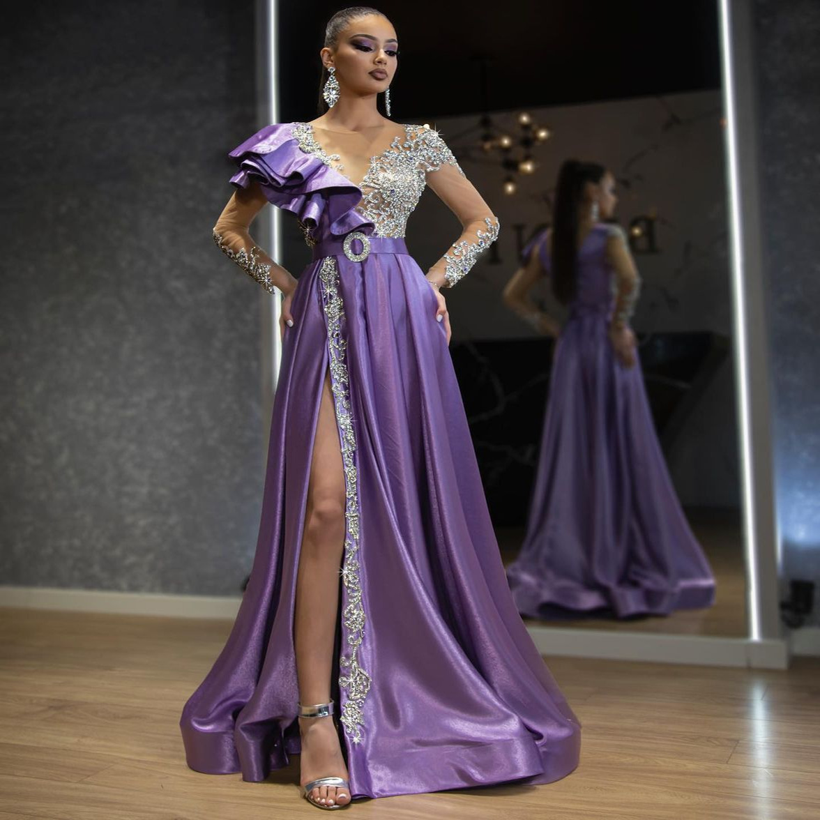2023 Gorgeous Mermaid Long Evening Dresses Gold Lace sequined Prom Dresses Saudi Arabic Elegant Style high split Party Gowns