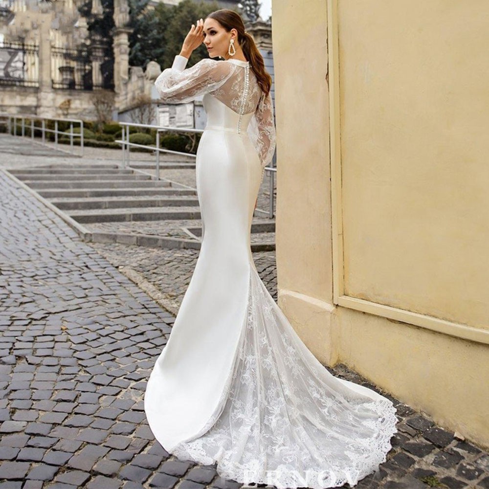 Long Lantern Sleeve Lace Satin Mermaid Wedding Dress 2023 Elegant O-Neck Beach Bridal Gowns with Bow Vestidos De Novia Robe De Mariage