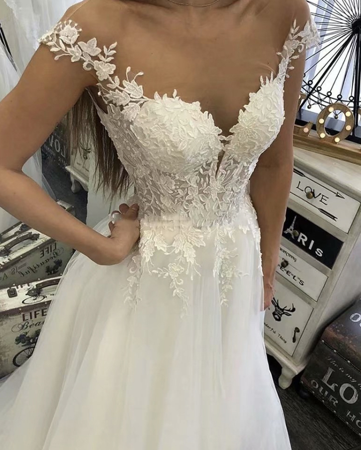 Sheer Tulle O-Neck Lace Applique Vestido Noiva Wedding Dress Robe Soiree Bride To Be Vestidos De Fiesta