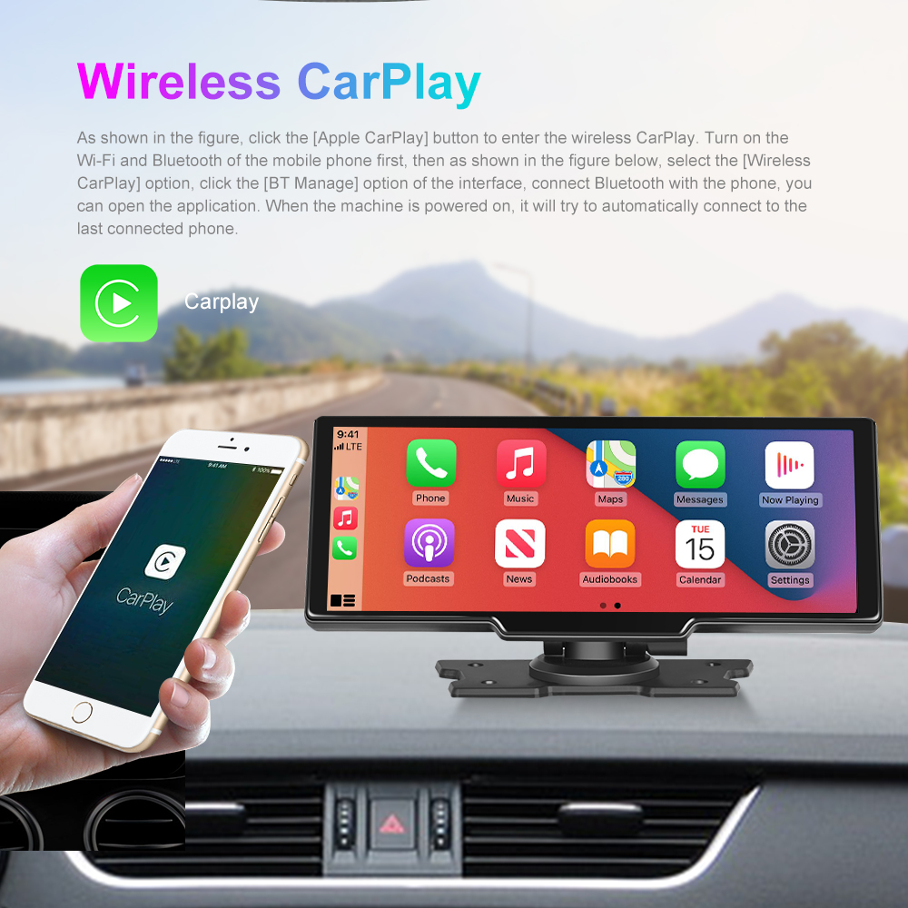 Large 10.26 inch Car Video Monitor Portable DVR Wireless CarPlay Navigation for All Cars Touch Screen Control Androidauto HD Front and Backup Cameras 