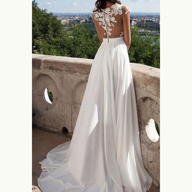 On Sale Charming Chiffon Lace High Side Split Bridal Dresses Short Sleeve Wedding Gowns for Bride Illusion O Necke
