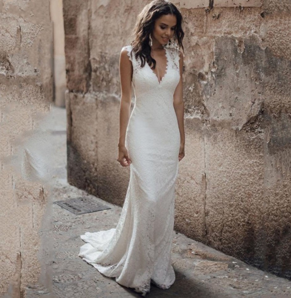 Sexy Mermaid Wedding Dress for Women 2023 Lace Deep V-neck Boho Bride Gowns Backless Vestidos De Novia Robe De Mariage