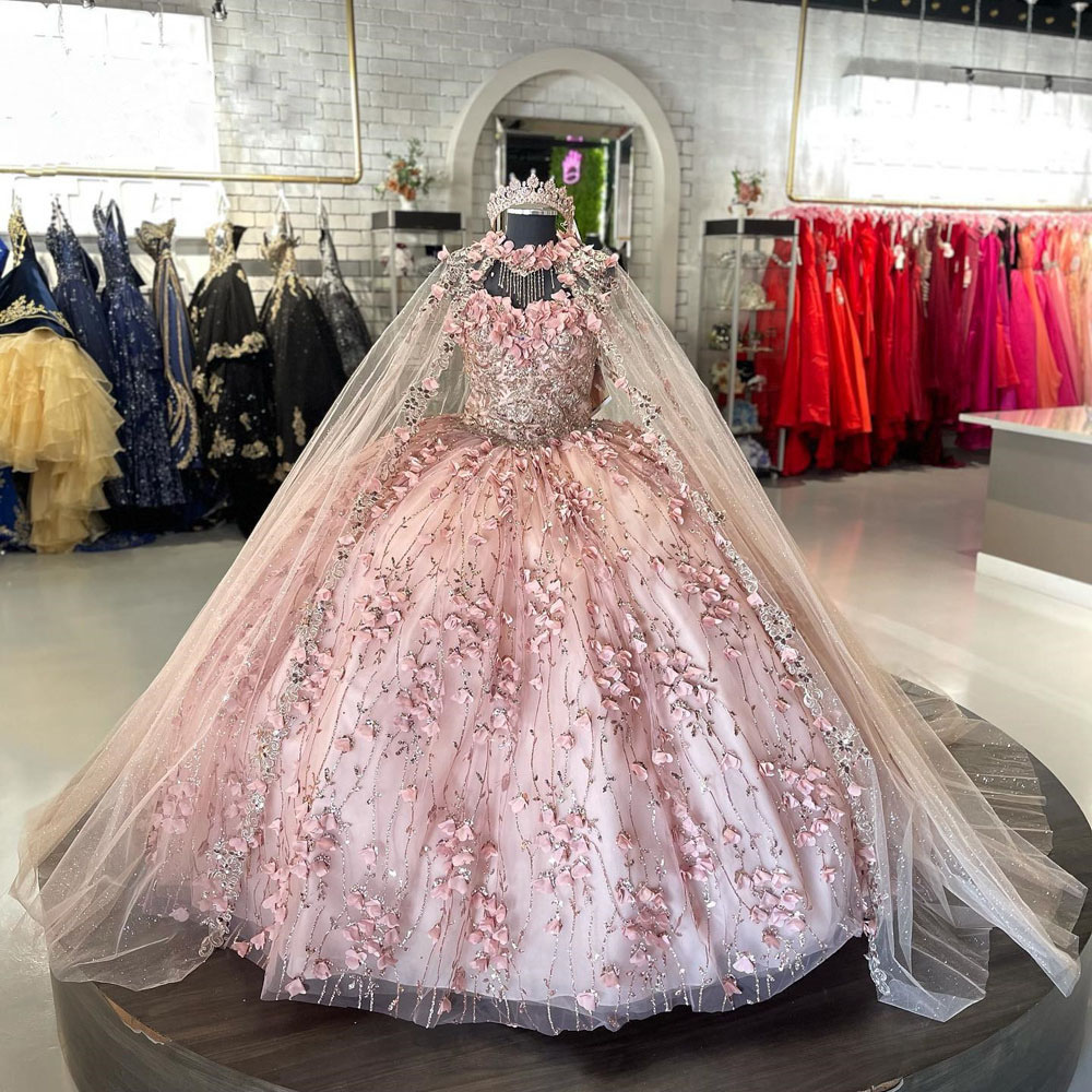 Sparkly Quinceanera Dresses with Wrap 3D Flower Appliques Sweet 16 Dress Glitter Princess Teen Girls Pageant Vestidos De 15 Anos