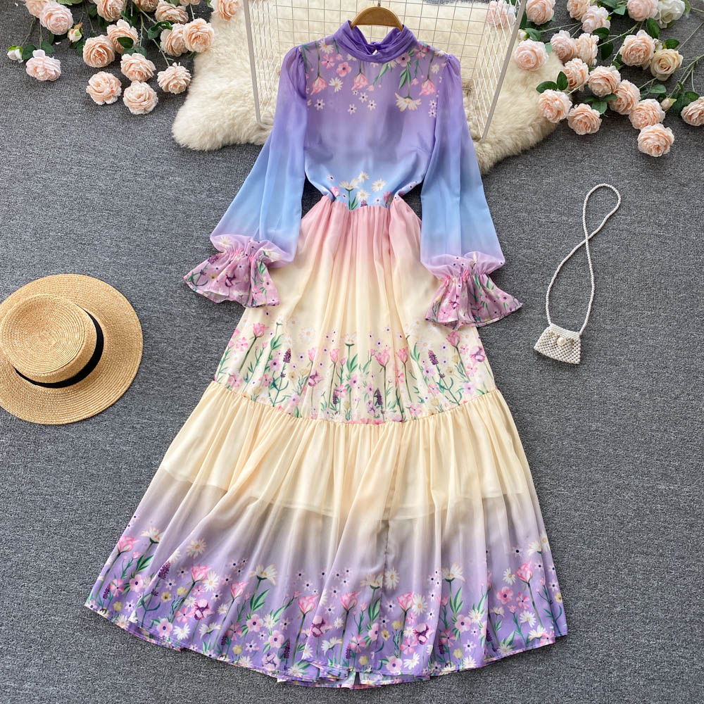 Scarf Collar Flare Sleeve Print Dress with gathered waist pleated ruffle hem High waist Retro French European and American style long skirt, Purple
Scarf Collar Flare Sleeve Print Dress with gathered waist pleated ruffle hem High waist Retro French European and American style long skirt, Purple