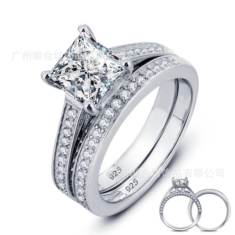 New Real 925 Sterling Silver Ring Set for Women Princess Cut Wedding Ring Sets Jewelry N60247d
