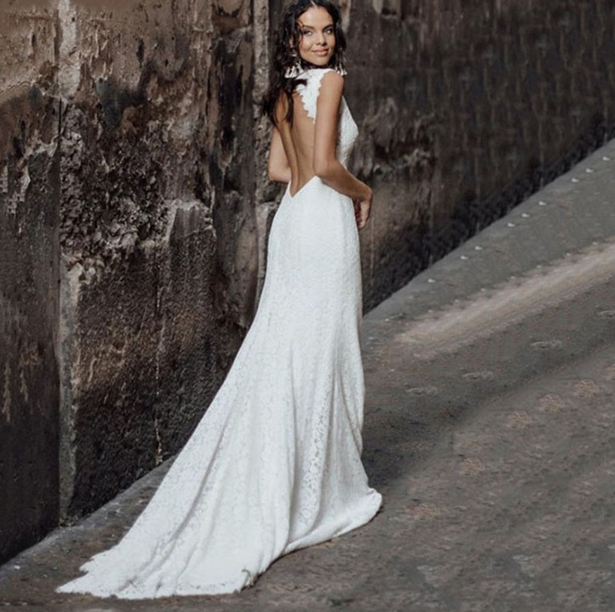 Sexy Mermaid Wedding Dress for Women 2023 Lace Deep V-neck Boho Bride Gowns Backless Vestidos De Novia Robe De Mariage
