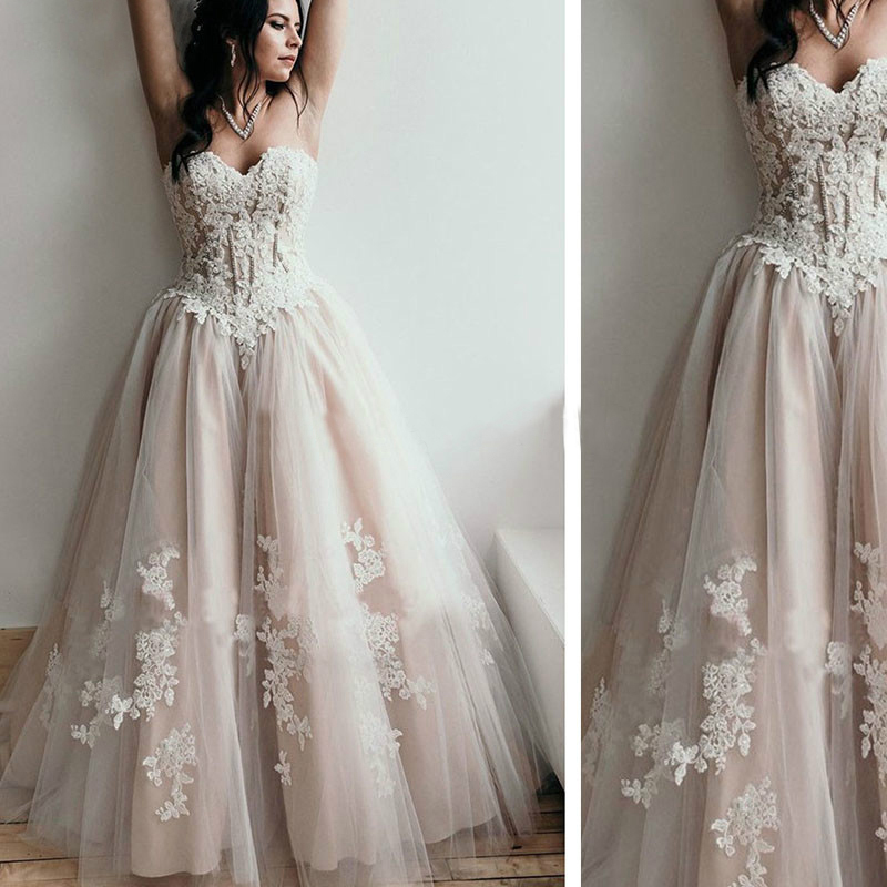 Sexy Sweetheart Lace Appliques Wedding Dresses Off the Shoulder Corset Back Bridal Gowns Formal Champagne Tulle Vestido De Noiva