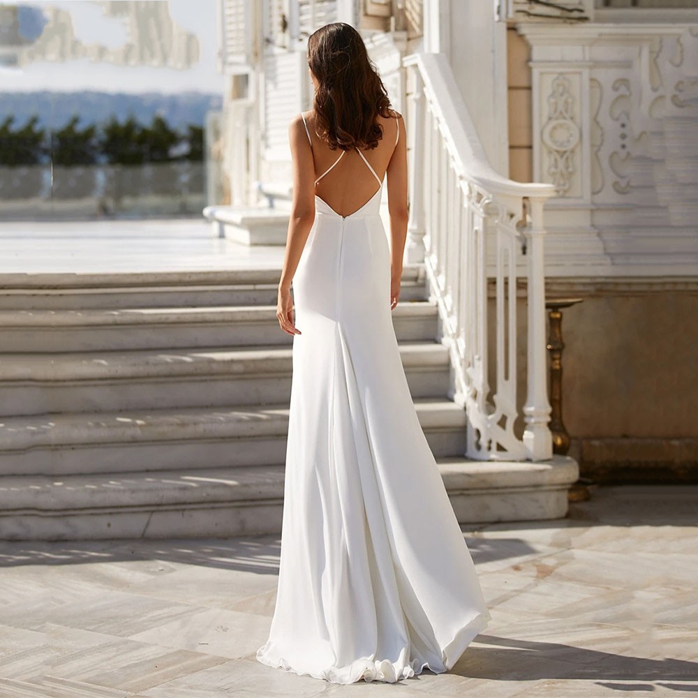 sexy Wedding Dress for Women 2023 Spaghetti Strap Soft Satin High Split Bride Gowns Simple V Neck Backless Vestidos De Novia Robe De Mariage