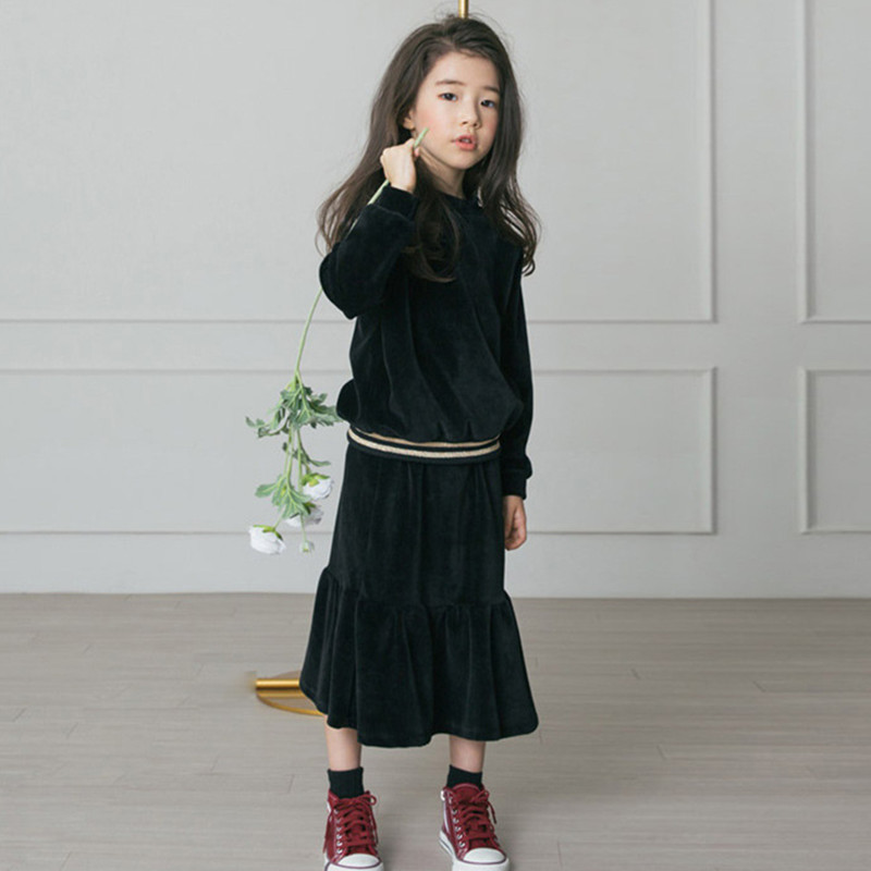 Clothing Sets 4 to 16 years kids teenager big girls black velour long sleeve blouse with fishtail flare skirt 2 pieces set velvet clothes 221028