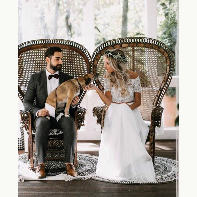Charming Boho Two Pieces Bridal Gowns Lace Top Short Sleeves Bateau Necke Wedding Dresses for Bride
