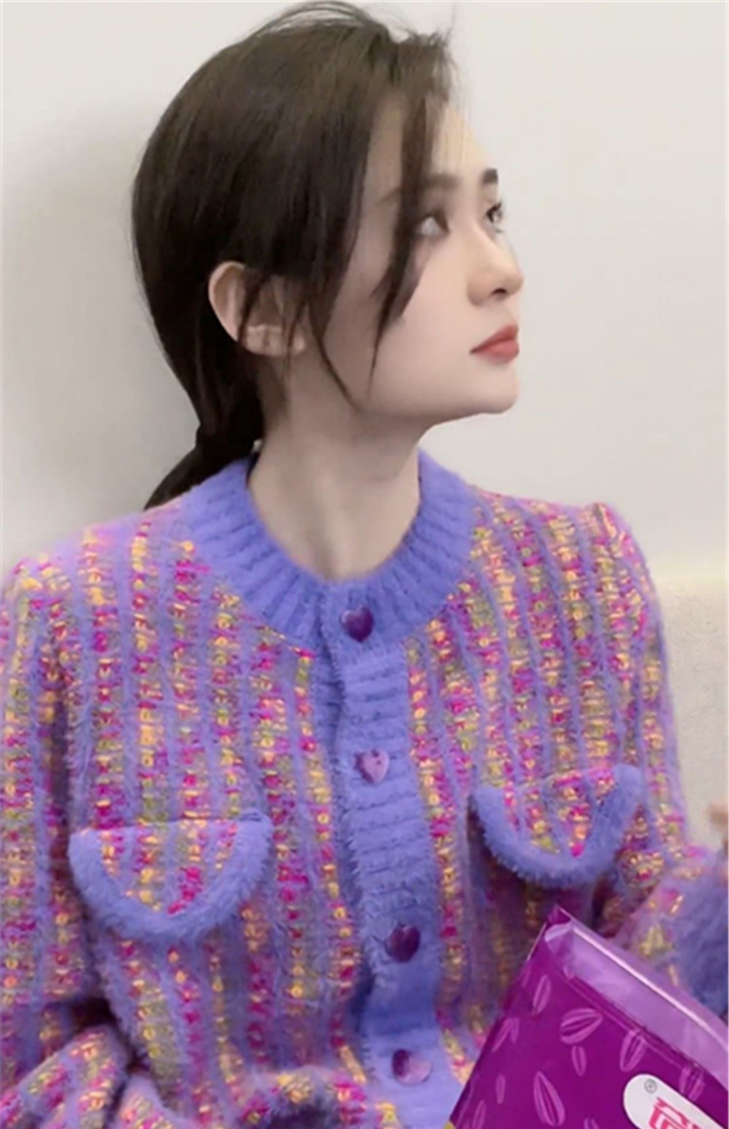 Womens o-neck long sleeve color block purple warm thickening knitted sweater coat cardigan SMLXL