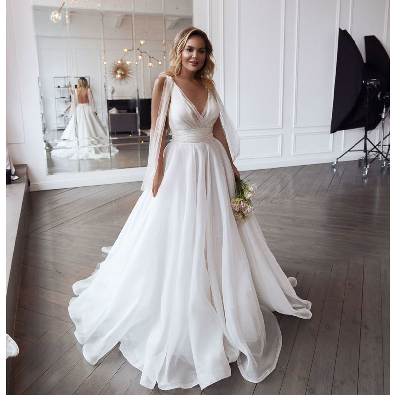 Eightale Beach Dresses V-Neck Pleats Organza A-e Wedding Gown Plus Size Princess Bride Dress Vestido De Noiva