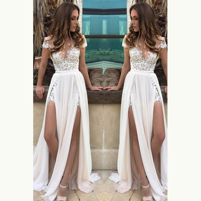 On Sale Charming Chiffon Lace High Side Split Bridal Dresses Short Sleeve Wedding Gowns for Bride Illusion O Necke