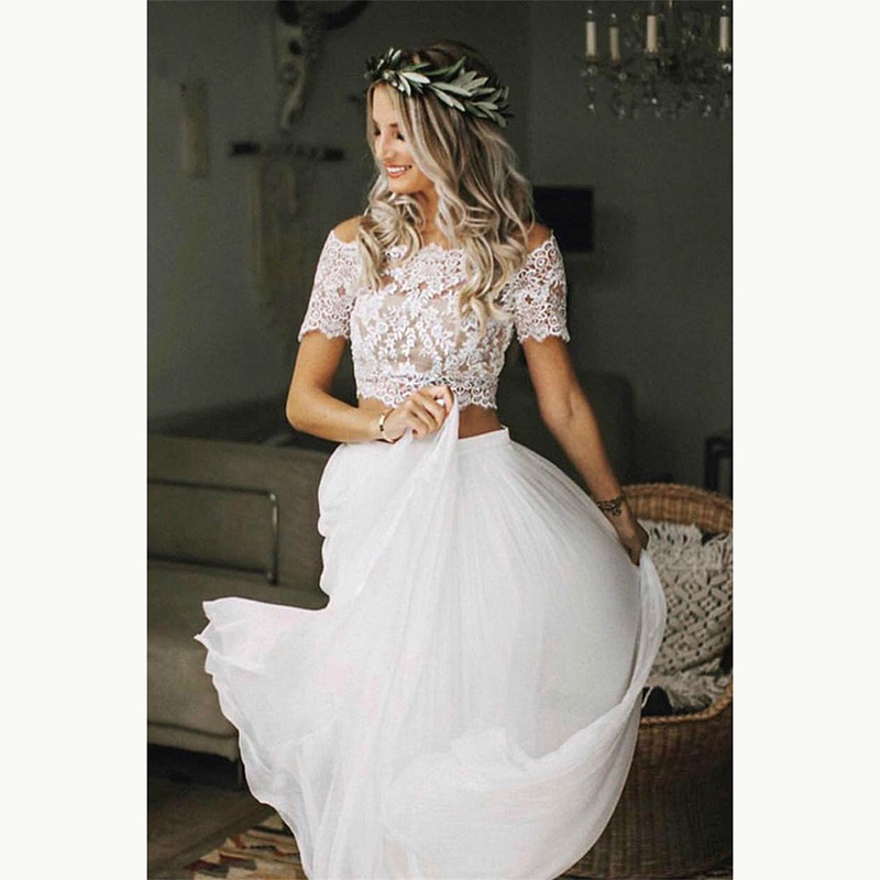 Charming Boho Two Pieces Bridal Gowns Lace Top Short Sleeves Bateau Necke Wedding Dresses for Bride