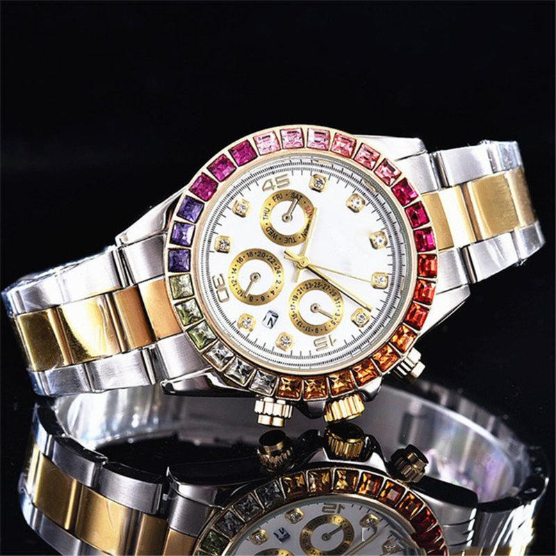 Mens Designer Watch Luxury Fashion Rainbow Bezel Automatic Quartz Movement Watches Three Eyes Six Needle Design Multi-Function Classic White Business Wristwatc cs, A1
Mens Designer Watch Luxury Fashion Rainbow Bezel Automatic Quartz Movement Watches Three Eyes Six Needle Design Multi-Function Classic White Business Wristwatc cs, A1