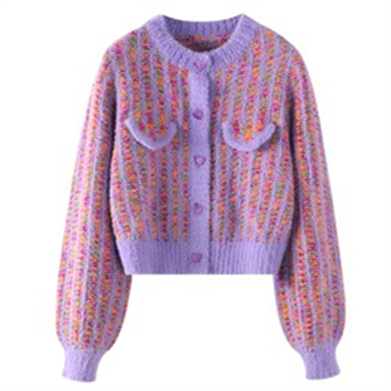 Womens o-neck long sleeve color block purple warm thickening knitted sweater coat cardigan SMLXL