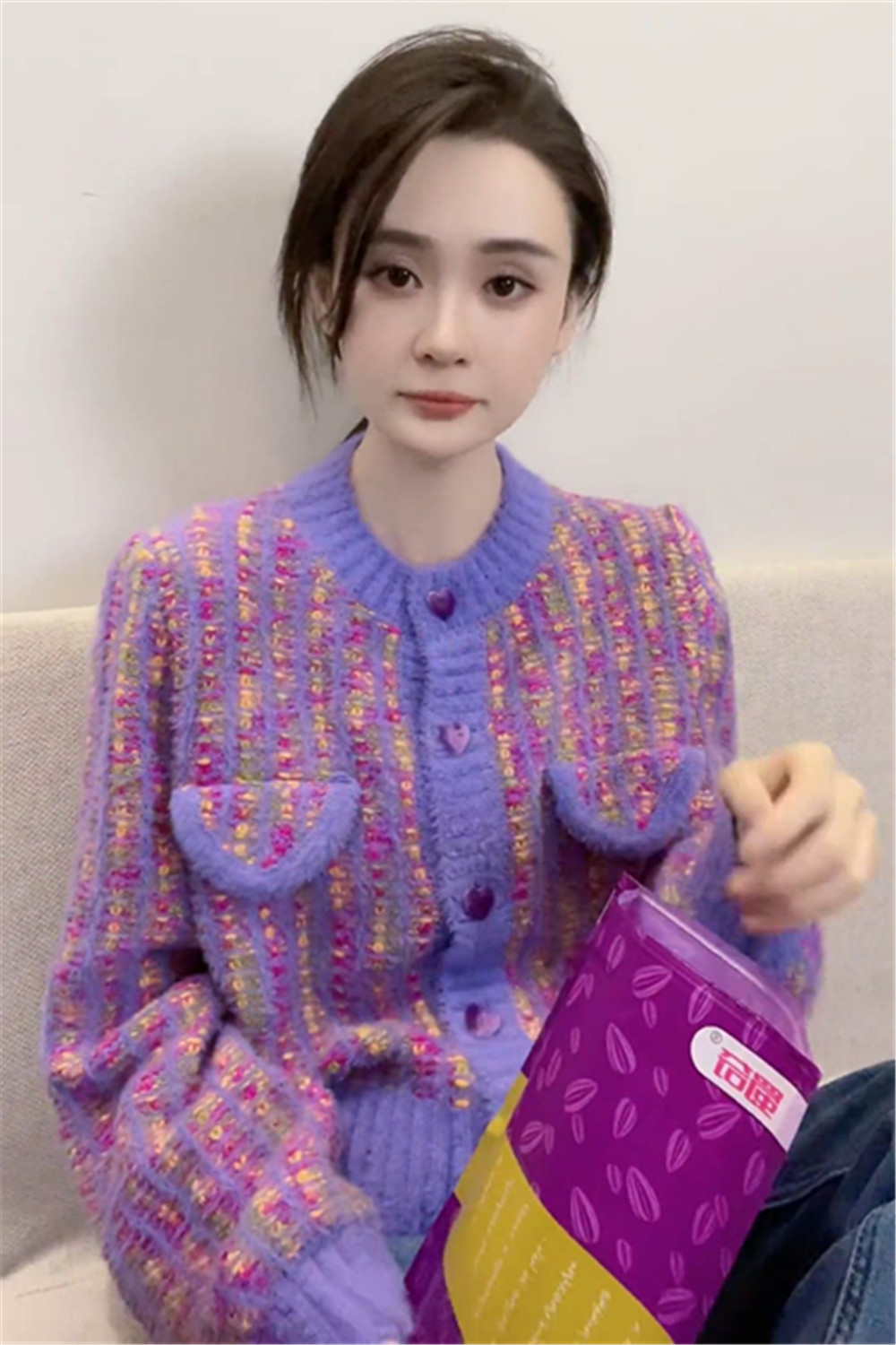 Womens o-neck long sleeve color block purple warm thickening knitted sweater coat cardigan SMLXL