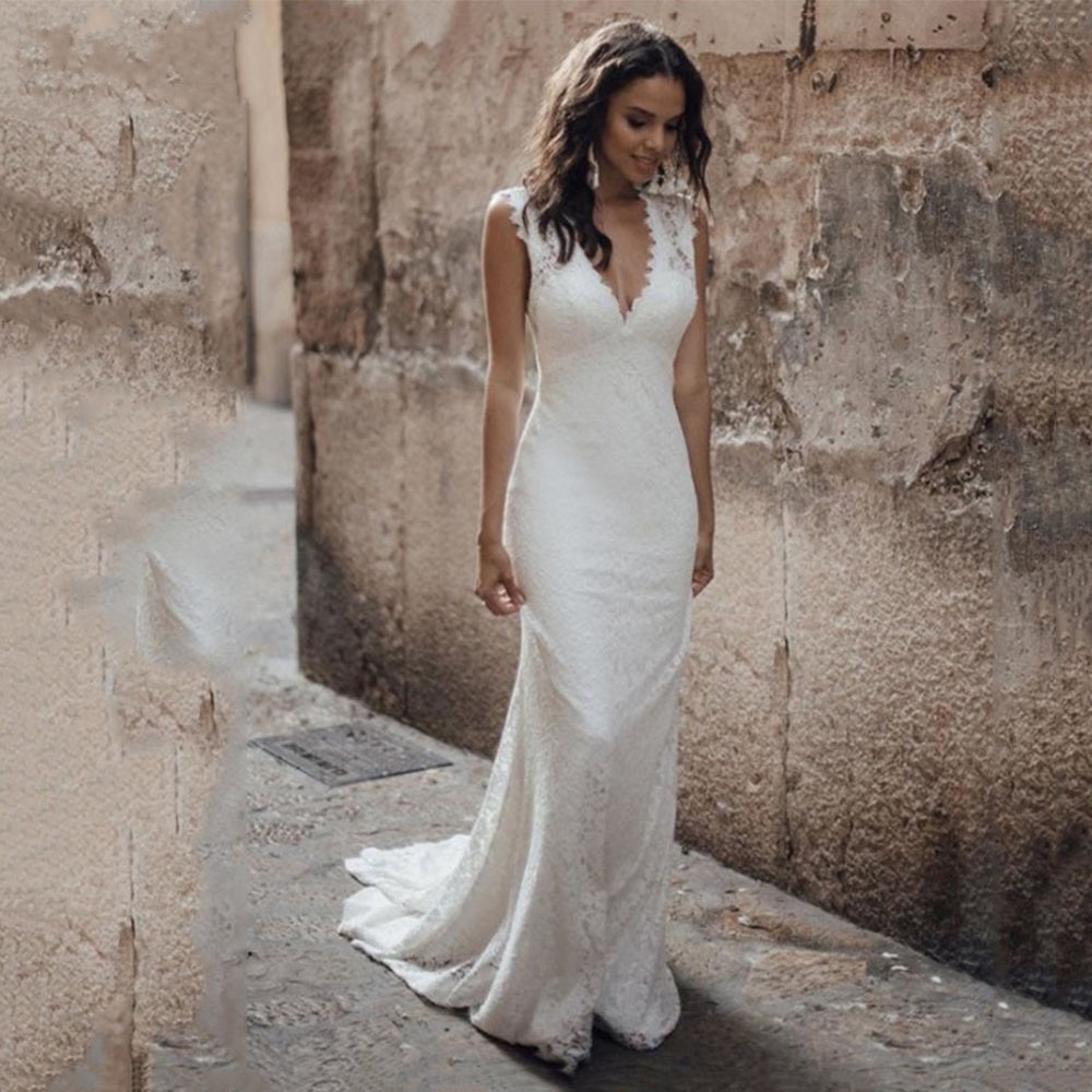Sexy Mermaid Wedding Dress for Women 2023 Lace Deep V-neck Boho Bride Gowns Backless Vestidos De Novia Robe De Mariage
