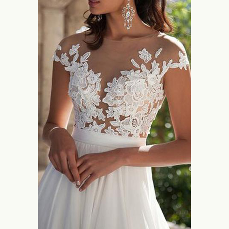 On Sale Charming Chiffon Lace High Side Split Bridal Dresses Short Sleeve Wedding Gowns for Bride Illusion O Necke