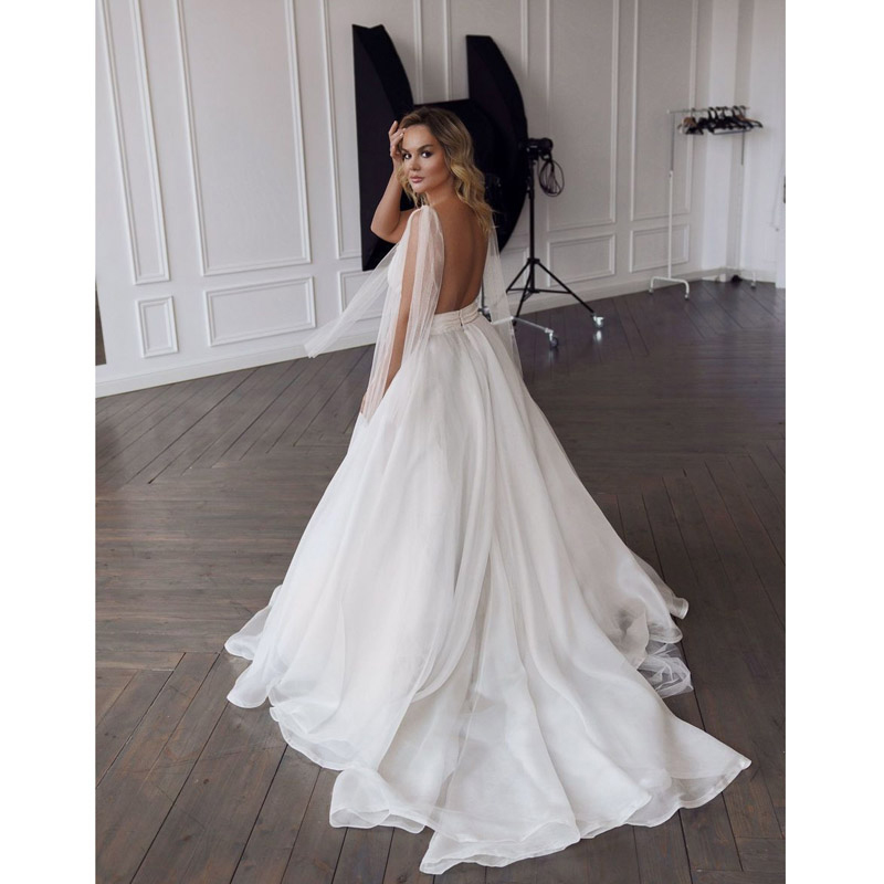Eightale Beach Dresses V-Neck Pleats Organza A-e Wedding Gown Plus Size Princess Bride Dress Vestido De Noiva