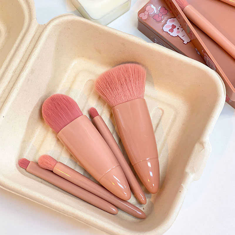 Portable 5pcs Fiber Soft Bristle Makeup Brushes Set With Mirror Mini Foundation Loose Powder Smudge Eyeshadow Lip Brush Beauty Makeups