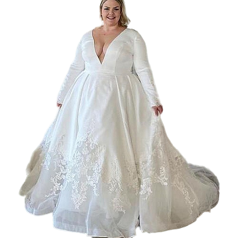 Plus Size A-Line Wedding Dresses Ivory Long Sleeves Bridal Gowns Lace Appliques Satin Country Bride Wear Deep V-Neck Hollow Back 2023 Women Robe De Ma