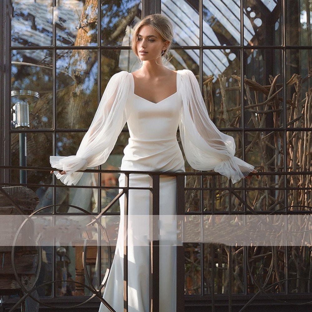 Puffy Sleeves Soft Satin Boho Wedding Dress 2023 Mermaid for Women Backless V-Neck Beach Bridal Gowns Vestidos De Novia Robe De Mariage