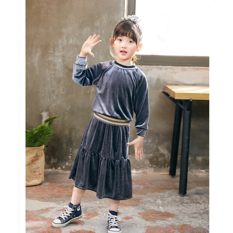 Clothing Sets 4 to 16 years kids teenager big girls black velour long sleeve blouse with fishtail flare skirt 2 pieces set velvet clothes 221028