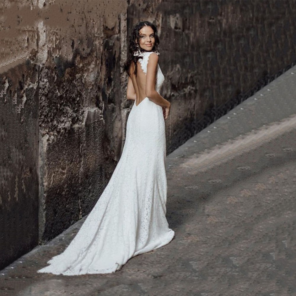Sexy Mermaid Wedding Dress for Women 2023 Lace Deep V-neck Boho Bride Gowns Backless Vestidos De Novia Robe De Mariage