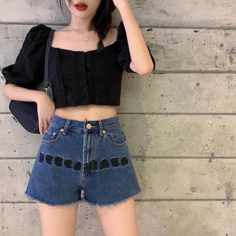 Women' Jeans Women' Fashion Embroidery Short For Girls Blue Grinding Wash Women