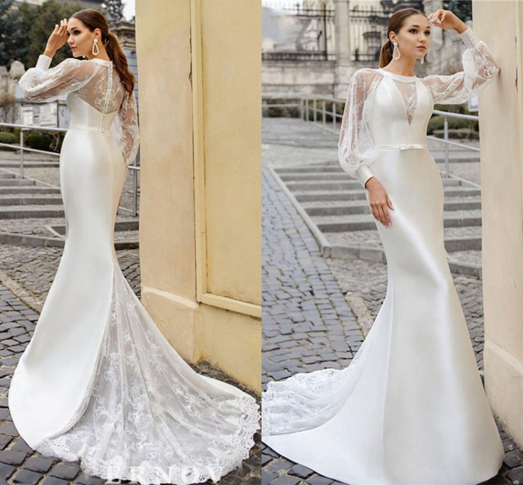 Long Lantern Sleeve Lace Satin Mermaid Wedding Dress 2023 Elegant O-Neck Beach Bridal Gowns with Bow Vestidos De Novia Robe De Mariage