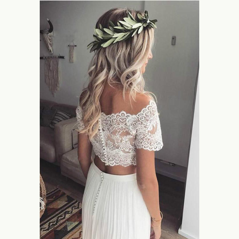 Charming Boho Two Pieces Bridal Gowns Lace Top Short Sleeves Bateau Necke Wedding Dresses for Bride