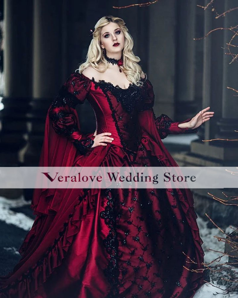 Medieval Red Ball Gown Wedding Dress 2023 Off The Shoulder Royal Sleeve Garden Gothic Long Bridal Gowns