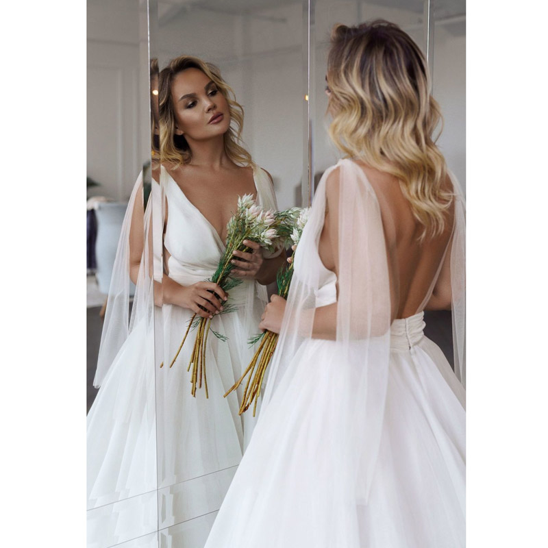 Eightale Beach Dresses V-Neck Pleats Organza A-e Wedding Gown Plus Size Princess Bride Dress Vestido De Noiva
