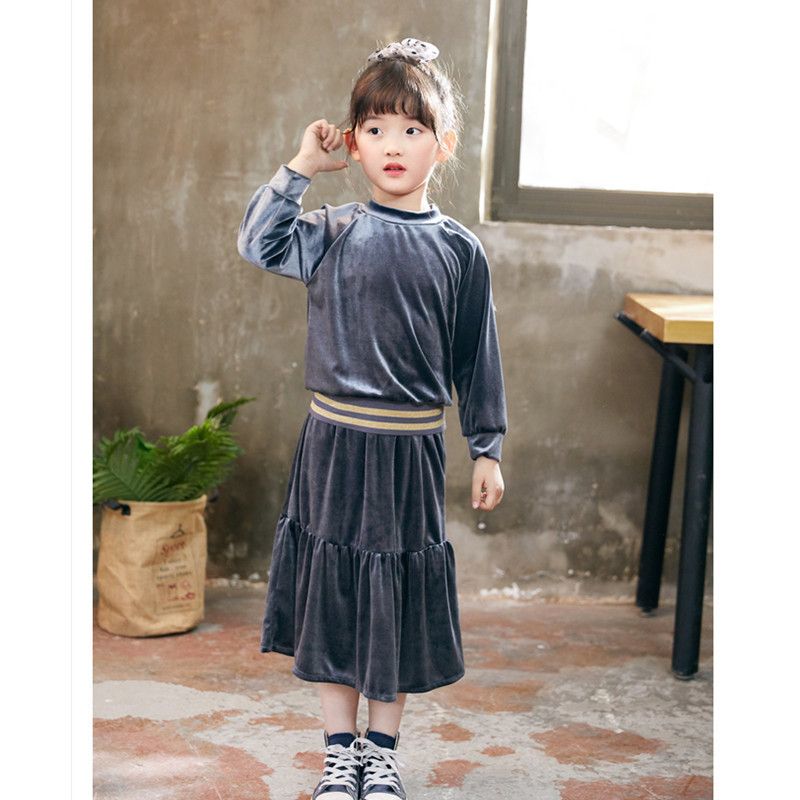 Clothing Sets 4 to 16 years kids teenager big girls black velour long sleeve blouse with fishtail flare skirt 2 pieces set velvet clothes 221028