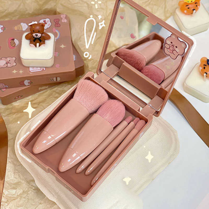 Portable 5pcs Fiber Soft Bristle Makeup Brushes Set With Mirror Mini Foundation Loose Powder Smudge Eyeshadow Lip Brush Beauty Makeups