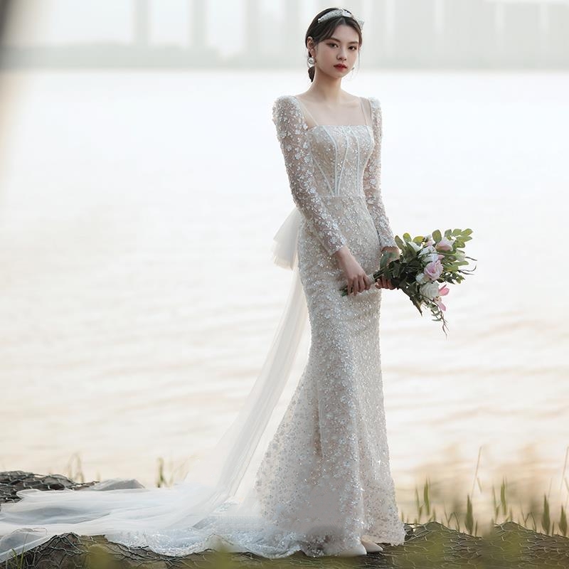 Elegant Long Sleeves mermaid Bohemian Wedding Dress sequined White Lace Appliqued Plus Size Country Beach Boho Bridal Gown