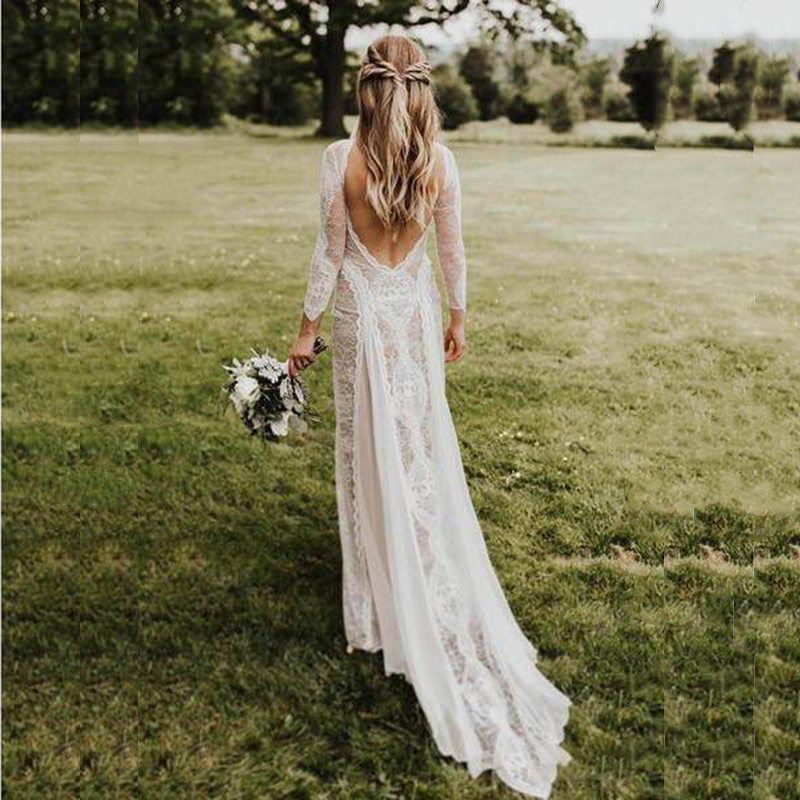 Charming Summer Boho Lace Long Sleeve Bridal Dresses Bateau Neck Wedding Gowns for Bride Open Back Sweep Train On Sale