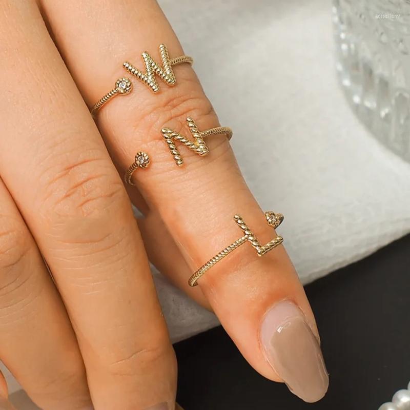 Cluster Rings Fashion Twist 26 Initial Letter Open Ring For Women Gold Color Crystal Adjustable Charm Jewelry Wholesale KAR167