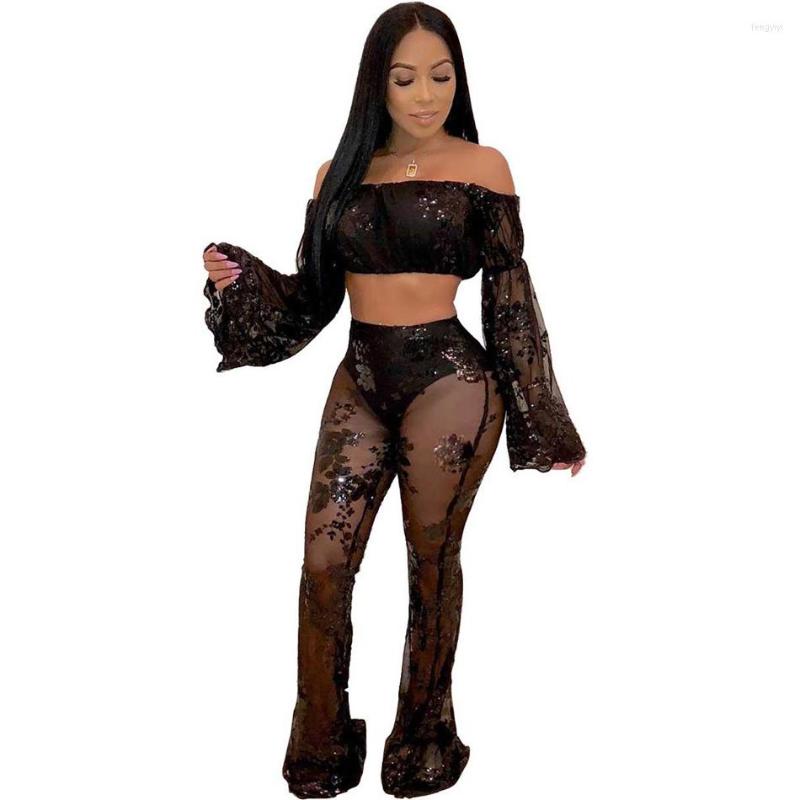 Women' Two Piece Pants Elegant Sequin Embroidery Mesh Bandage Set Flare Sleeve Off The Shoulder Crop Top Leg Bodycon, Black
Women' Two Piece Pants Elegant Sequin Embroidery Mesh Bandage Set Flare Sleeve Off The Shoulder Crop Top Leg Bodycon, Black