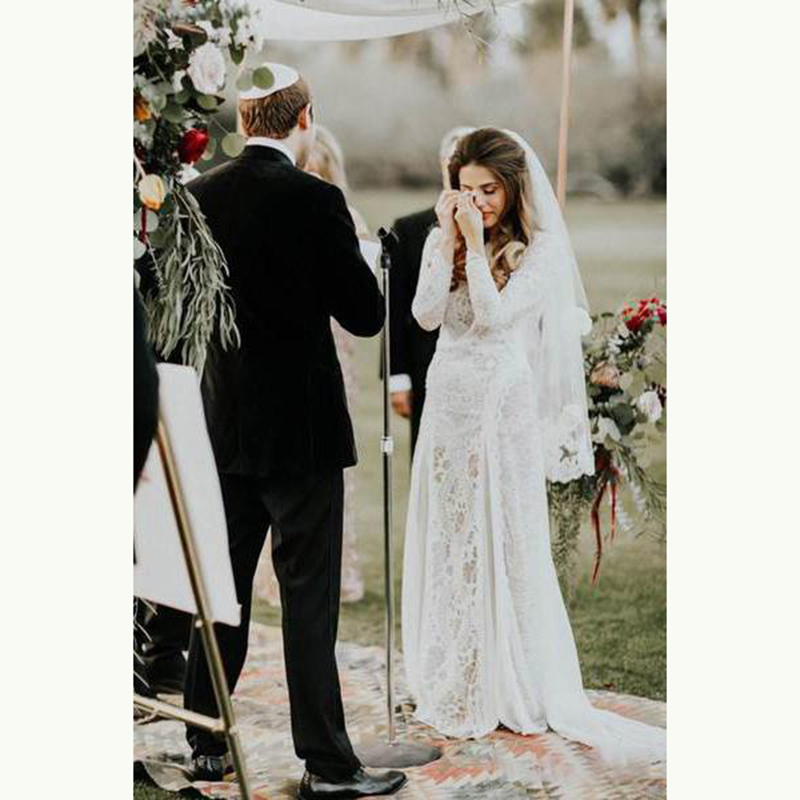 Charming Summer Boho Lace Long Sleeve Bridal Dresses Bateau Neck Wedding Gowns for Bride Open Back Sweep Train On Sale