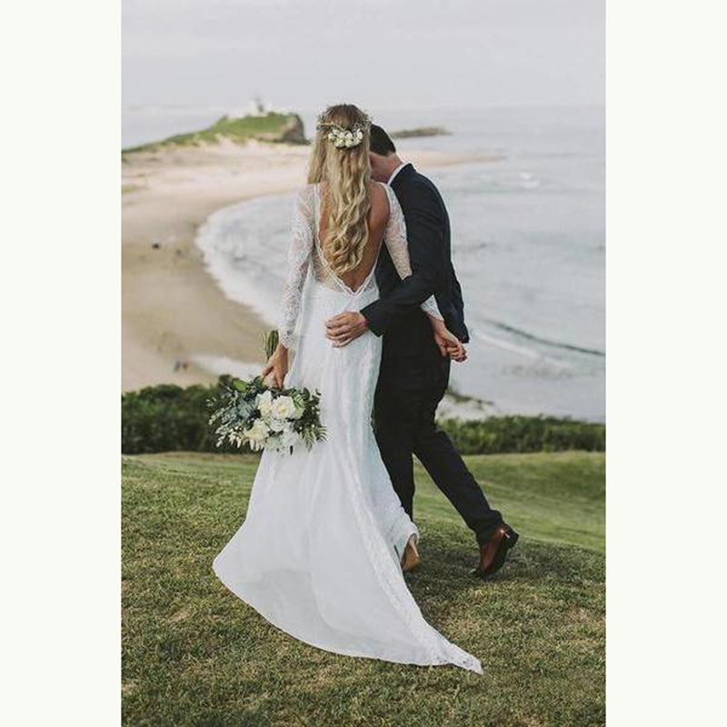 Charming Summer Boho Lace Long Sleeve Bridal Dresses Bateau Neck Wedding Gowns for Bride Open Back Sweep Train On Sale