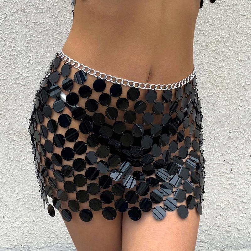 Skirts Handmade Chain Mail Mini Skirt Women Metal Mirror Disc Miniskirt Black Paillette Sequins Body Nightclub Party