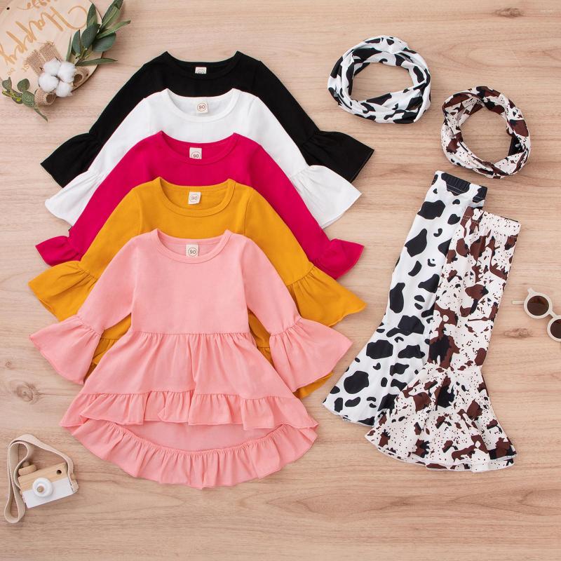 

Clothing Sets Toddler Kids Girls 3 Pieces Outfit Solid Color Irregular Hem Long Sleeve Tops Print Flare Pants Neckerchief Set 9M-4T