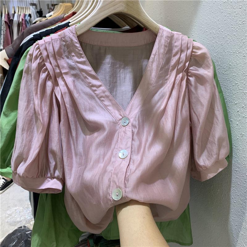Women's Blouses Pleated Short Sleeve Chiffon Blouse Women Summer V Neck Korean Fashion Office Solid Tops Sweet Lady Button Up Casual Shirts, Green
Women's Blouses Pleated Short Sleeve Chiffon Blouse Women Summer V Neck Korean Fashion Office Solid Tops Sweet Lady Button Up Casual Shirts, Green