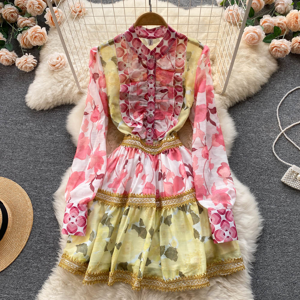 Women Dress Elegant Spring Retro Court Style Long Sleeved Printed Closing Waist Vestidos Beautiful Temperament Vintage Dress 2023