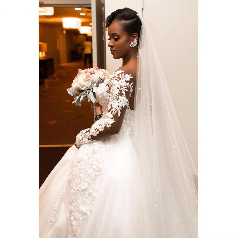African Sleeve Dress Lace White Wedding Gown Plus Size Beaded Applique Long Train Princess Vestidos De Novia
